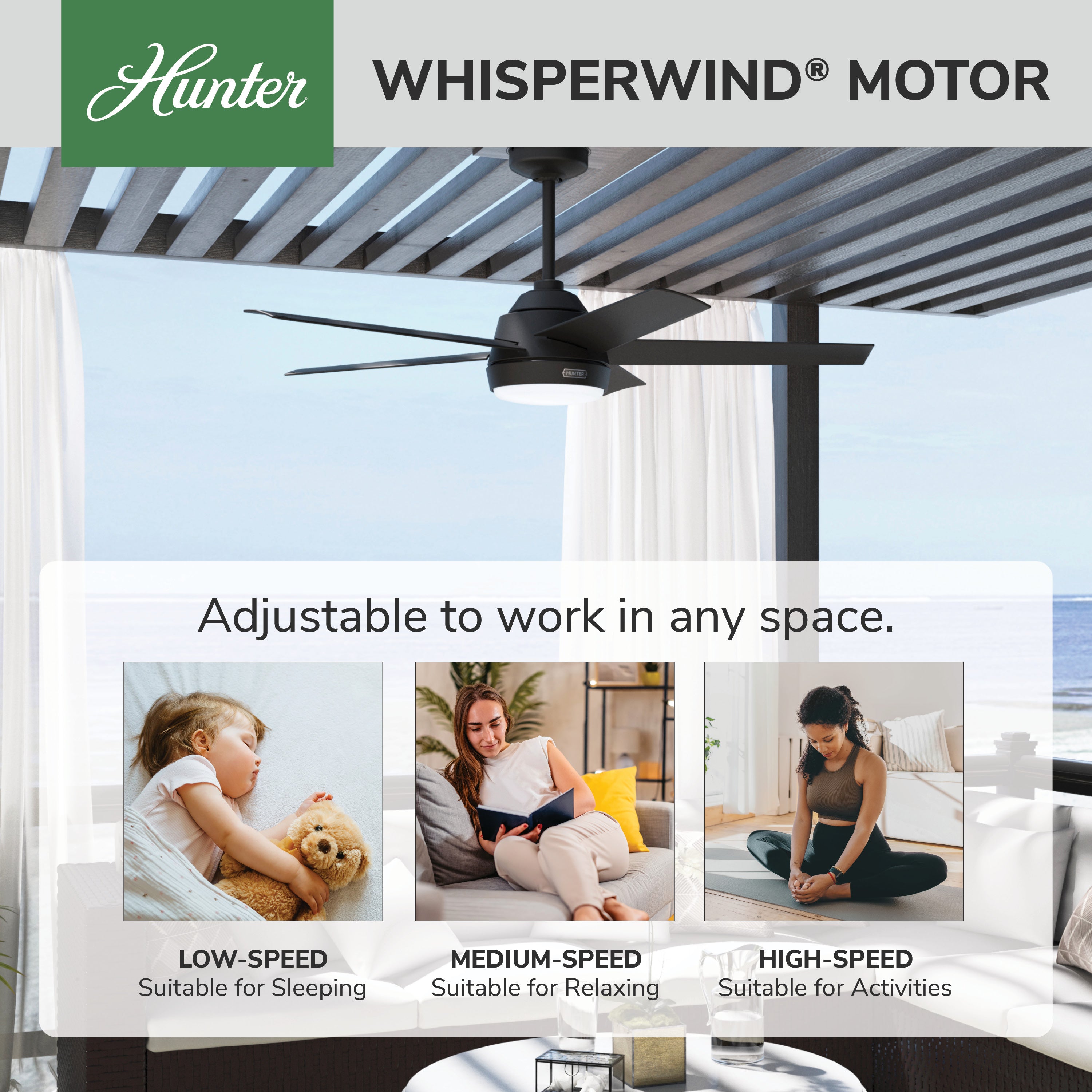 Hunter 52 inch Skyflow Matte Black WeatherMax Indoor / Outdoor Ceiling Fan with LED Light Kit and Wall Control