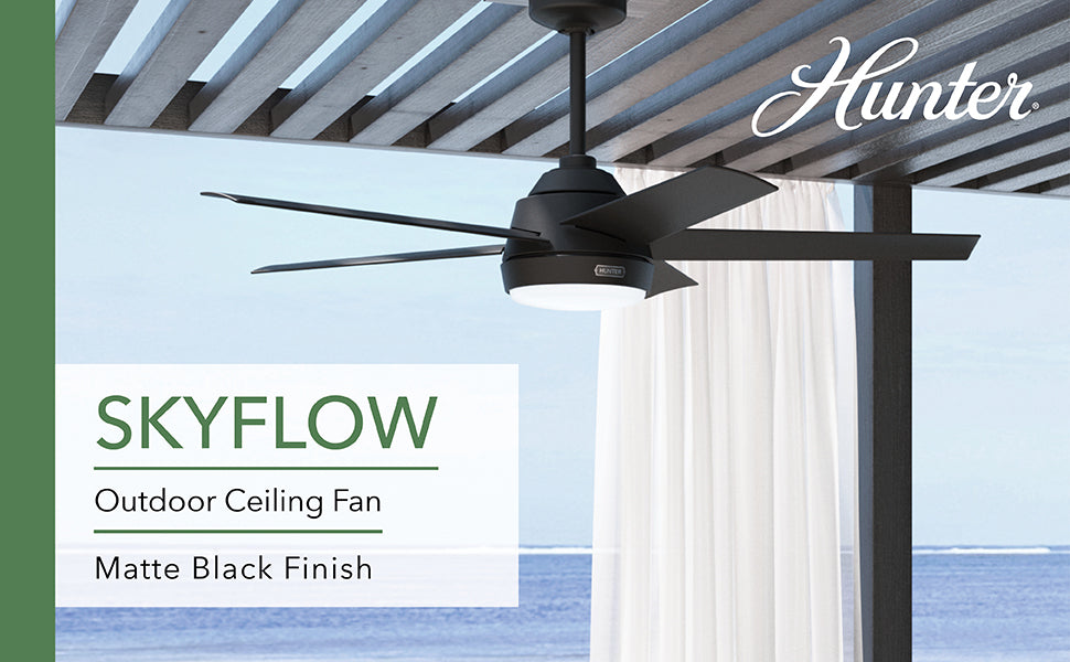 Hunter 52 inch Skyflow Matte Black WeatherMax Indoor / Outdoor Ceiling Fan with LED Light Kit and Wall Control